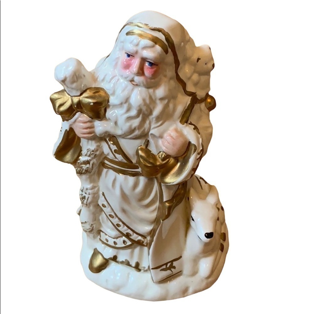 Vintage white and gold Ceramic Santa Claus musical figurine